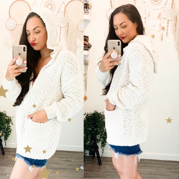 The House Of Gentry Sweaters - White Hooded Popcorn Cardigan